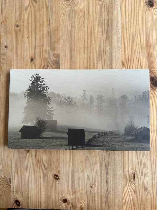 Holzdruck „Frühnebel im Murnauer Moos“ (30x20 cm)